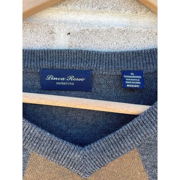 Linea Rosso argyle Sweater mens Xlarge V-Neck pullover long sleeve wool blend - Picture 2 of 8